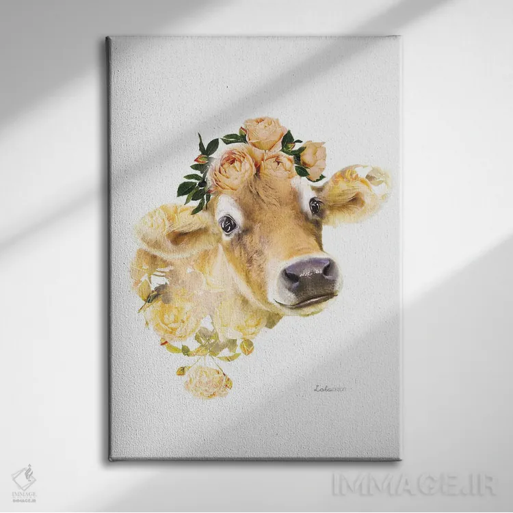 تابلو دکوراتیو گاو جرسی با تم گیاهی و حیات وحش اثر لولا دیزاین - نمای روبهرو روی دیوار
