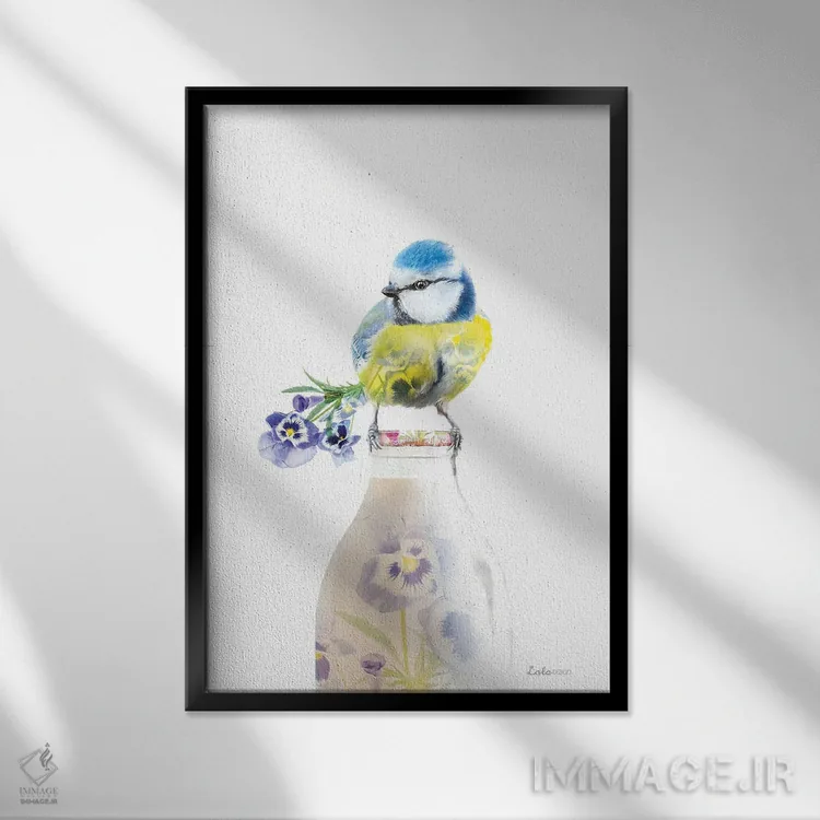 تابلو دکوراتیو پروانه بلو تیت بر بطری شیر با تم گیاهی و حیات وحش اثر لولا دیزاین - نمای قابدار مشکی