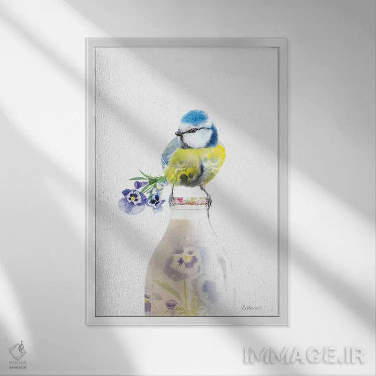 تابلو دکوراتیو پروانه بلو تیت بر بطری شیر با تم گیاهی و حیات وحش اثر لولا دیزاین - نمای قابدار سفید