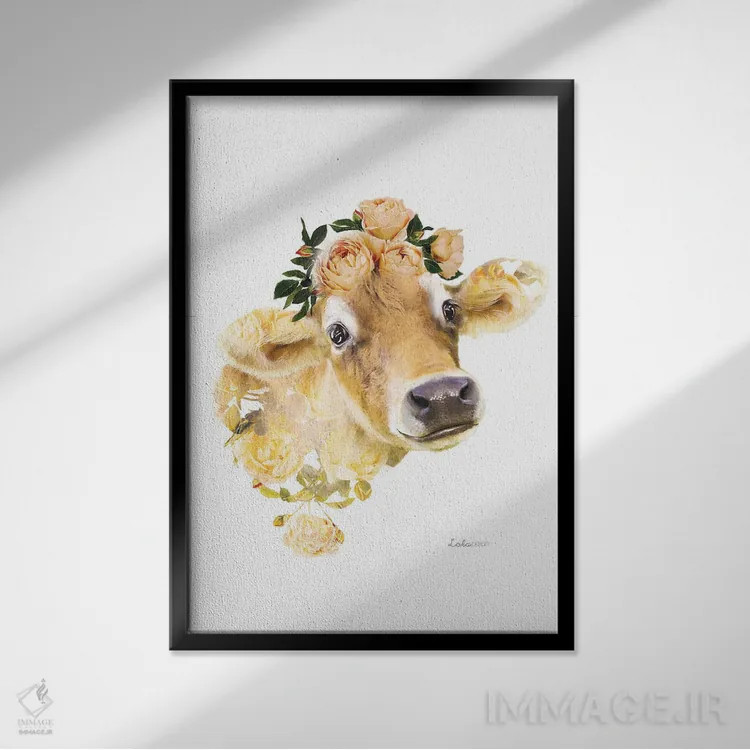 تابلو دکوراتیو گاو جرسی با تم گیاهی و حیات وحش اثر لولا دیزاین - نمای قابدار مشکی
