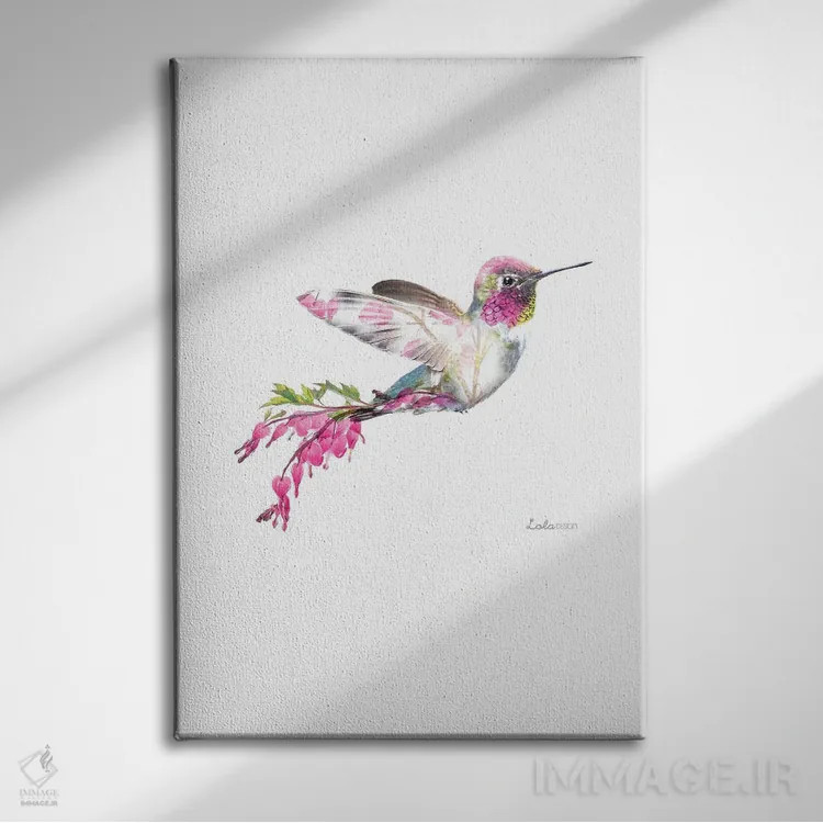 تابلو دکوراتیو مرغ مگس خوار با تم گیاهی و حیات وحش اثر لولا دیزاین - نمای روبهرو روی دیوار