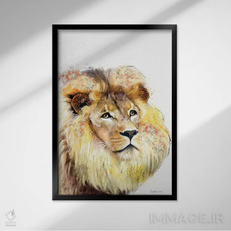 تابلو دکوراتیو شیر ویلدساید اثر لولا دیزاین - نمای قابدار مشکی