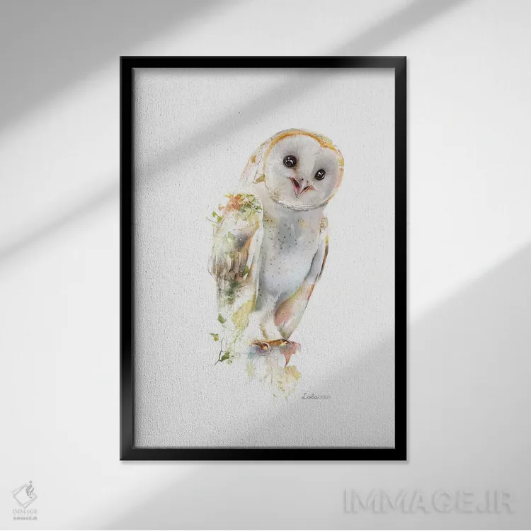 تابلو دکوراتیو جغد انباری میان پیچک با تم گیاهی و حیات وحش اثر لولا دیزاین - نمای قابدار مشکی