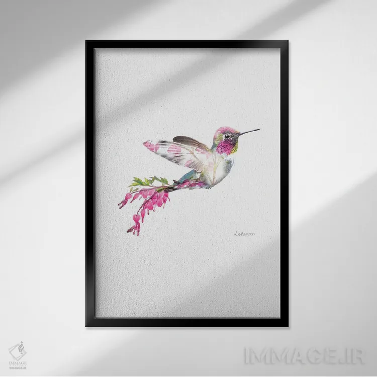 تابلو دکوراتیو مرغ مگس خوار با تم گیاهی و حیات وحش اثر لولا دیزاین - نمای قابدار مشکی