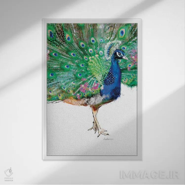 تابلو دکوراتیو طاووس ویلدساید اثر لولا دیزاین - نمای قابدار سفید