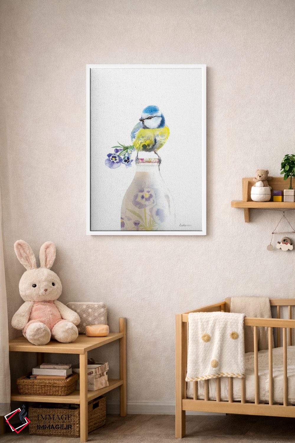 تابلو دکوراتیو پروانه بلو تیت بر بطری شیر با تم گیاهی و حیات وحش اثر لولا دیزاین - D3W