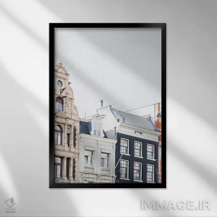 تابلو دکوراتیو Amsterdam,پشت بام خانه های کانالی، آمستردام اثر لاولی لیتل هوم کو - نمای قابدار مشکی