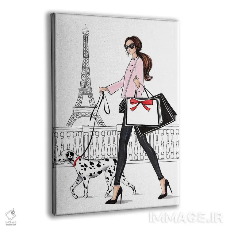 تابلو دکوراتیو دختر مو قهوه ای با سگ دالمیشن در پاریس اثر لالانا آرتس - نمای پرسپکتیو محصول