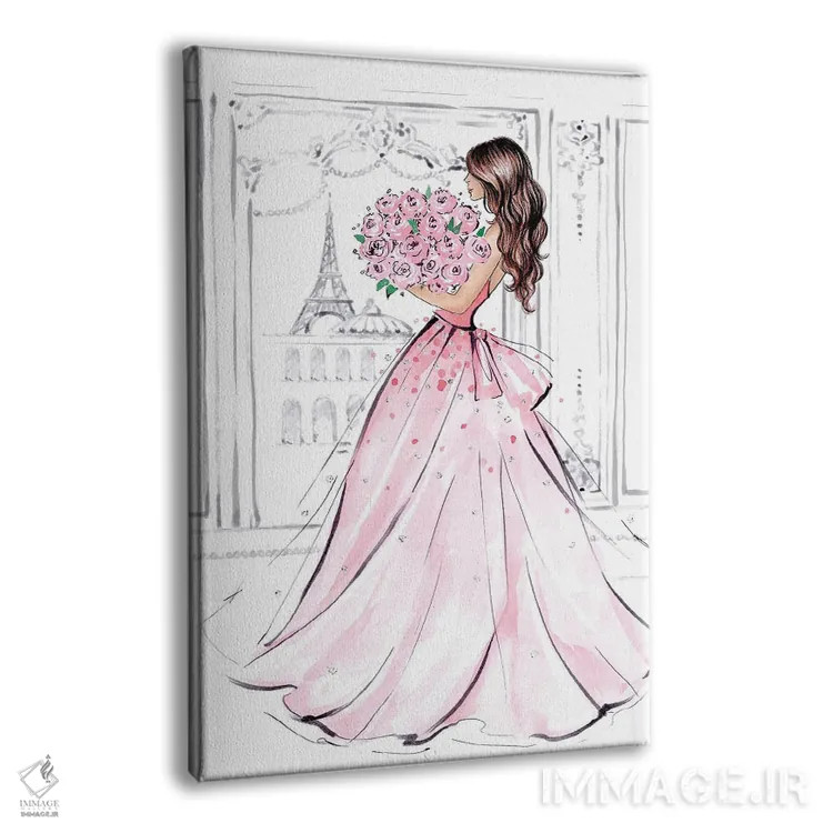 تابلو دکوراتیو دختر با دسته گل رز؛ مشکی مو اثر لالانا آرتس - نمای پرسپکتیو محصول