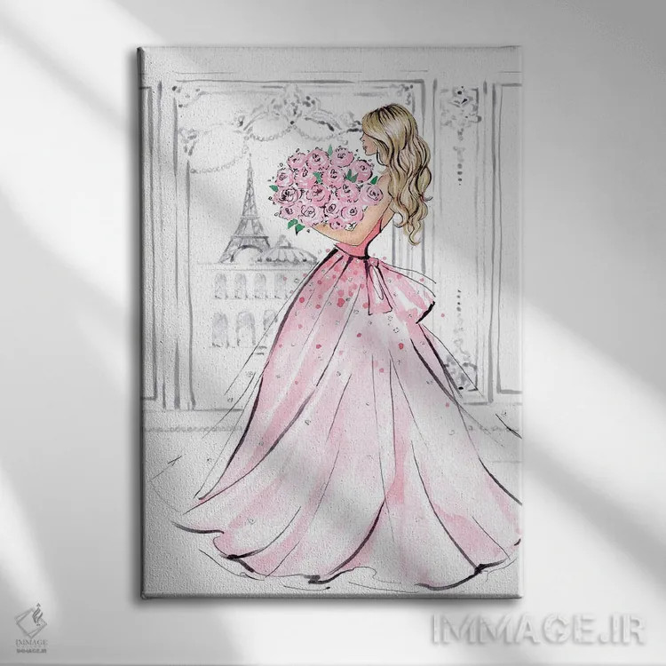 تابلو دکوراتیو دختر با دسته گل رز؛ بلوند اثر لالانا آرتس - نمای روبهرو روی دیوار