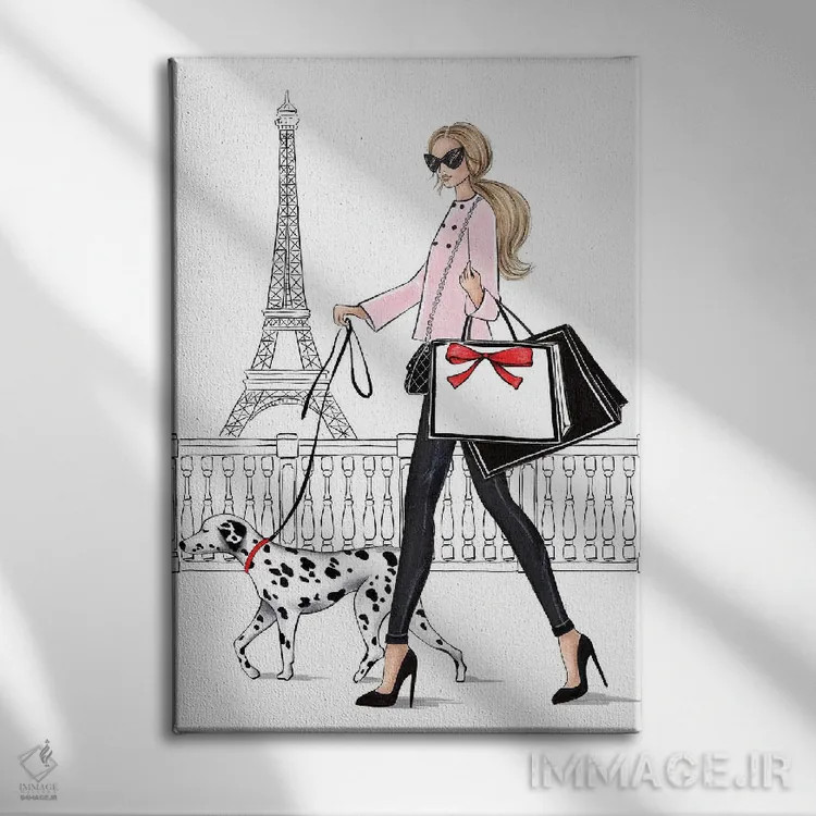 تابلو دکوراتیو دختر بور با سگ دالمیشن در پاریس اثر لالانا آرتس - نمای روبهرو روی دیوار