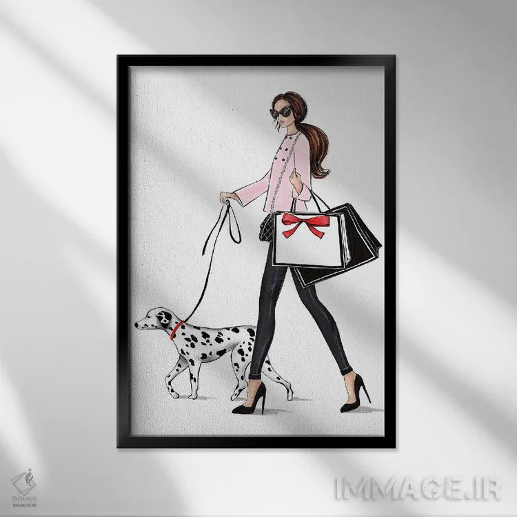 تابلو دکوراتیو دختر مو قهوه ای با سگ دالمیشن اثر لالانا آرتس - نمای قابدار مشکی