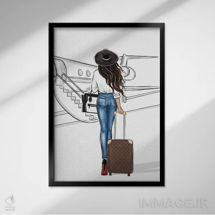 تابلو دکوراتیو سفر با هواپیما؛ دختر مشکی مو اثر لالانا آرتس - نمای قابدار مشکی