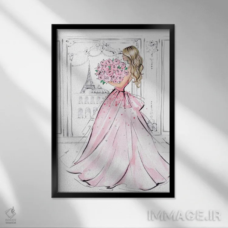 تابلو دکوراتیو دختر با دسته گل رز؛ بلوند اثر لالانا آرتس - نمای قابدار مشکی