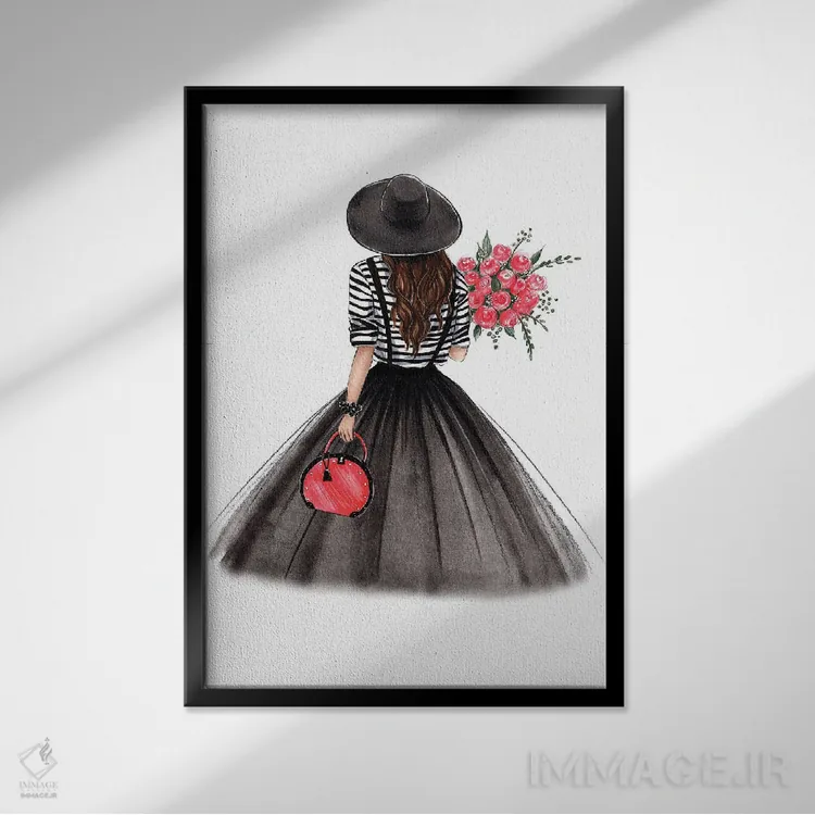 تابلو دکوراتیو حال و هوای پاریس؛ دختر مشکی مو اثر لالانا آرتس - نمای قابدار مشکی