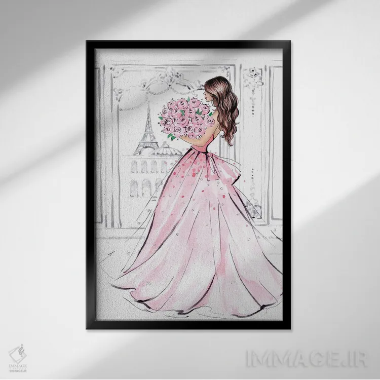 تابلو دکوراتیو دختر با دسته گل رز؛ مشکی مو اثر لالانا آرتس - نمای قابدار مشکی