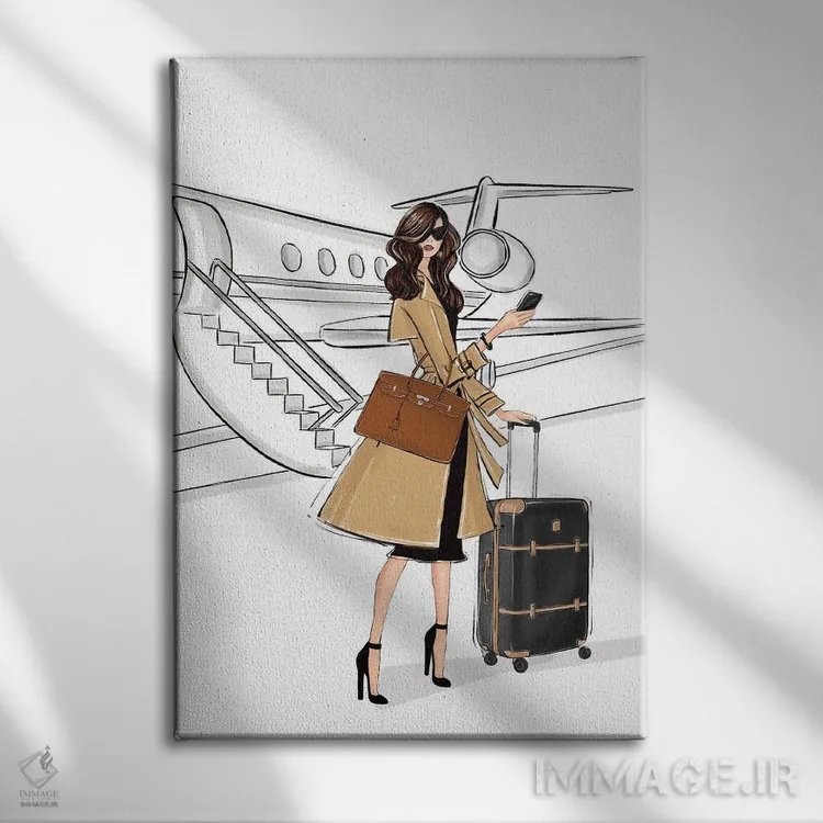 تابلو دکوراتیو سفر کاری؛ دختر مشکی مو اثر لالانا آرتس - نمای روبهرو روی دیوار