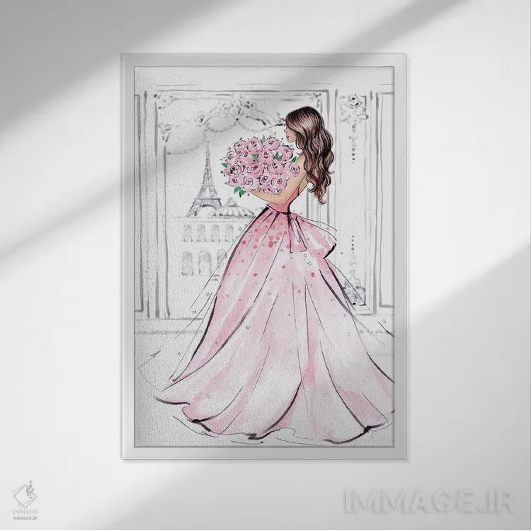 تابلو دکوراتیو دختر با دسته گل رز؛ مشکی مو اثر لالانا آرتس - نمای قابدار سفید