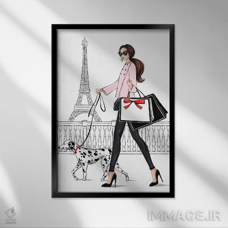تابلو دکوراتیو دختر مو قهوه ای با سگ دالمیشن در پاریس اثر لالانا آرتس - نمای قابدار مشکی