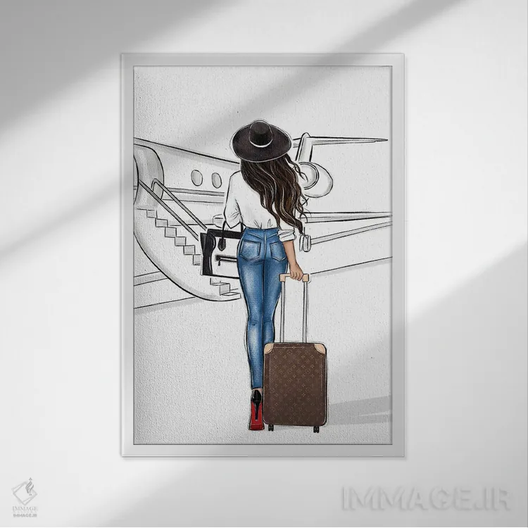تابلو دکوراتیو سفر با هواپیما؛ دختر مشکی مو اثر لالانا آرتس - نمای قابدار سفید