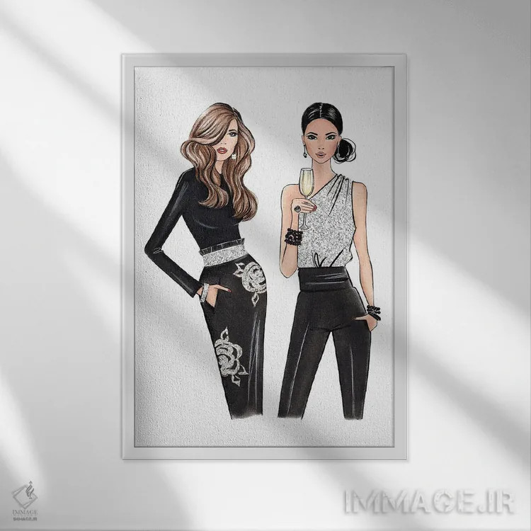 تابلو دکوراتیو دو بانوی شیک اثر لالانا آرتس - نمای قابدار سفید