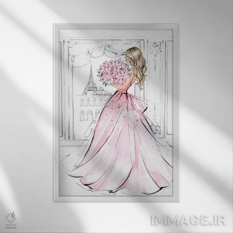 تابلو دکوراتیو دختر با دسته گل رز؛ بلوند اثر لالانا آرتس - نمای قابدار سفید