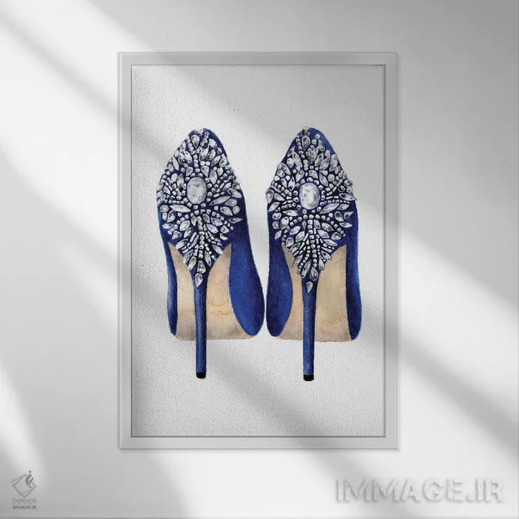 تابلو دکوراتیو کفش های آبی اثر لالانا آرتس - نمای قابدار سفید