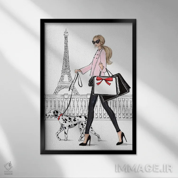 تابلو دکوراتیو دختر بور با سگ دالمیشن در پاریس اثر لالانا آرتس - نمای قابدار مشکی