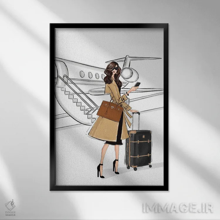 تابلو دکوراتیو سفر کاری؛ دختر مشکی مو اثر لالانا آرتس - نمای قابدار مشکی