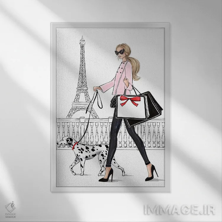 تابلو دکوراتیو دختر بور با سگ دالمیشن در پاریس اثر لالانا آرتس - نمای قابدار سفید