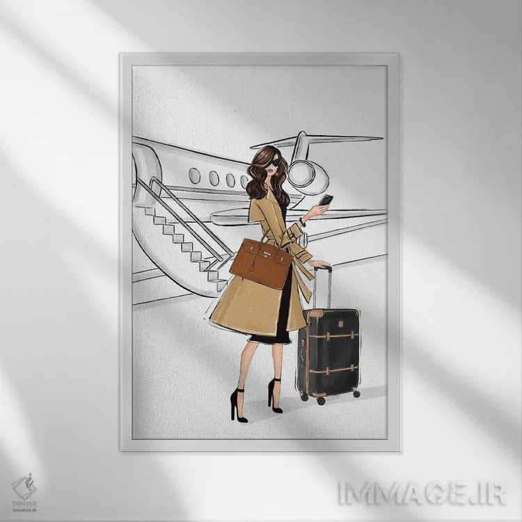 تابلو دکوراتیو سفر کاری؛ دختر مشکی مو اثر لالانا آرتس - نمای قابدار سفید