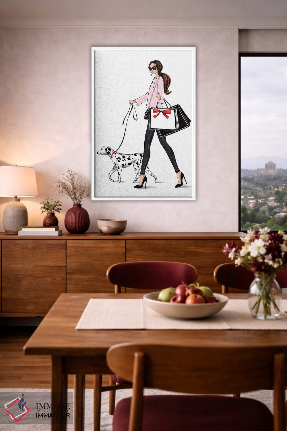 تابلو دکوراتیو دختر مو قهوه ای با سگ دالمیشن اثر لالانا آرتس - D3W