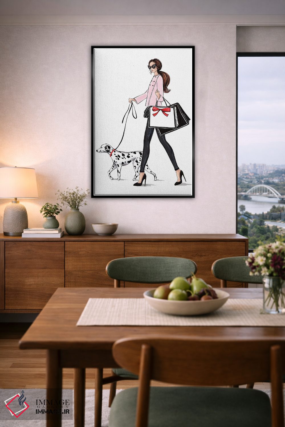 تابلو دکوراتیو دختر مو قهوه ای با سگ دالمیشن اثر لالانا آرتس - D6B