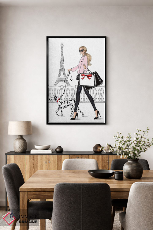 تابلو دکوراتیو دختر بور با سگ دالمیشن در پاریس اثر لالانا آرتس - D3B