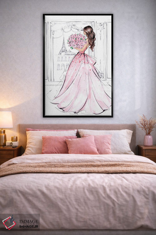 تابلو دکوراتیو دختر با دسته گل رز؛ مشکی مو اثر لالانا آرتس - D1B