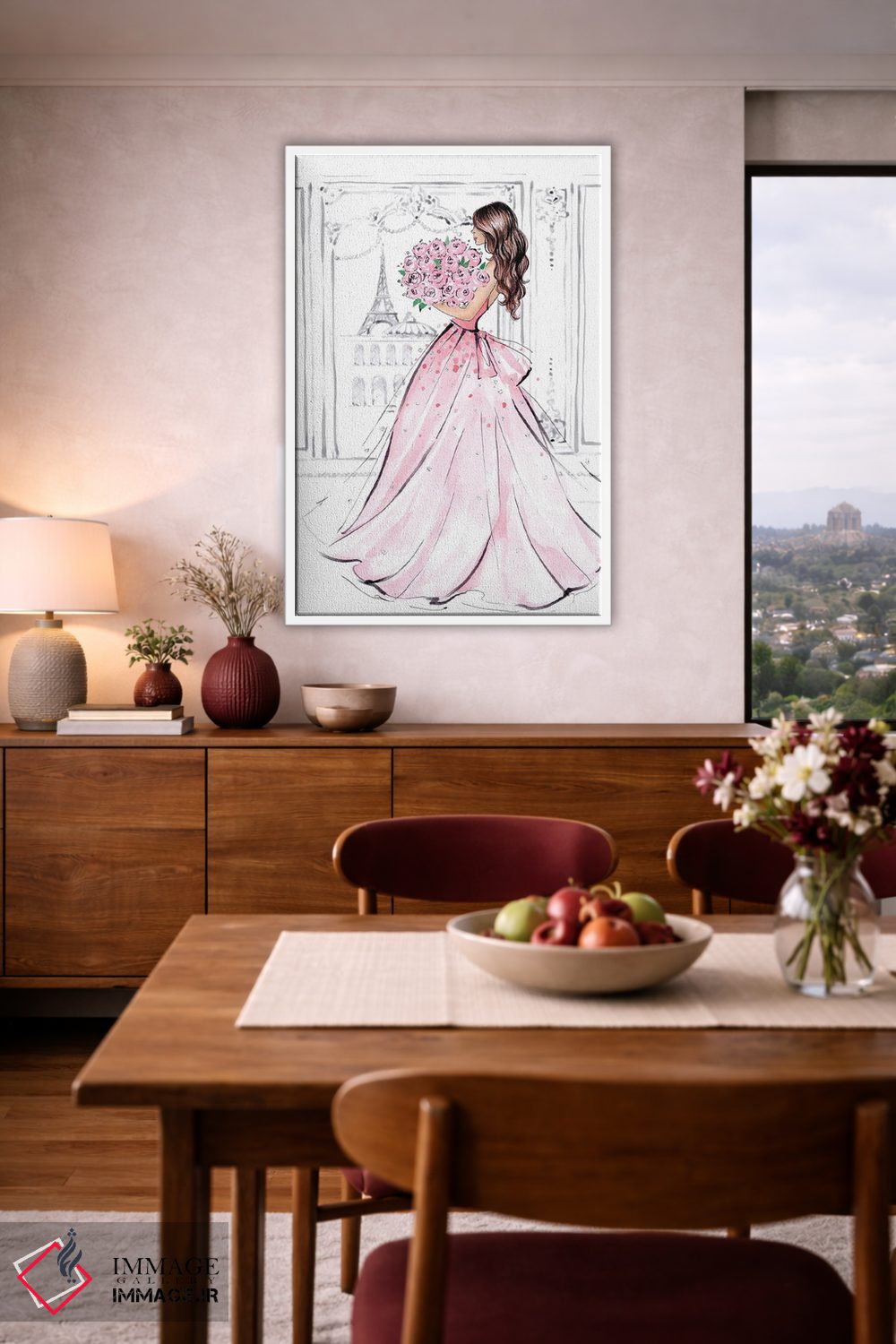 تابلو دکوراتیو دختر با دسته گل رز؛ مشکی مو اثر لالانا آرتس - D2W