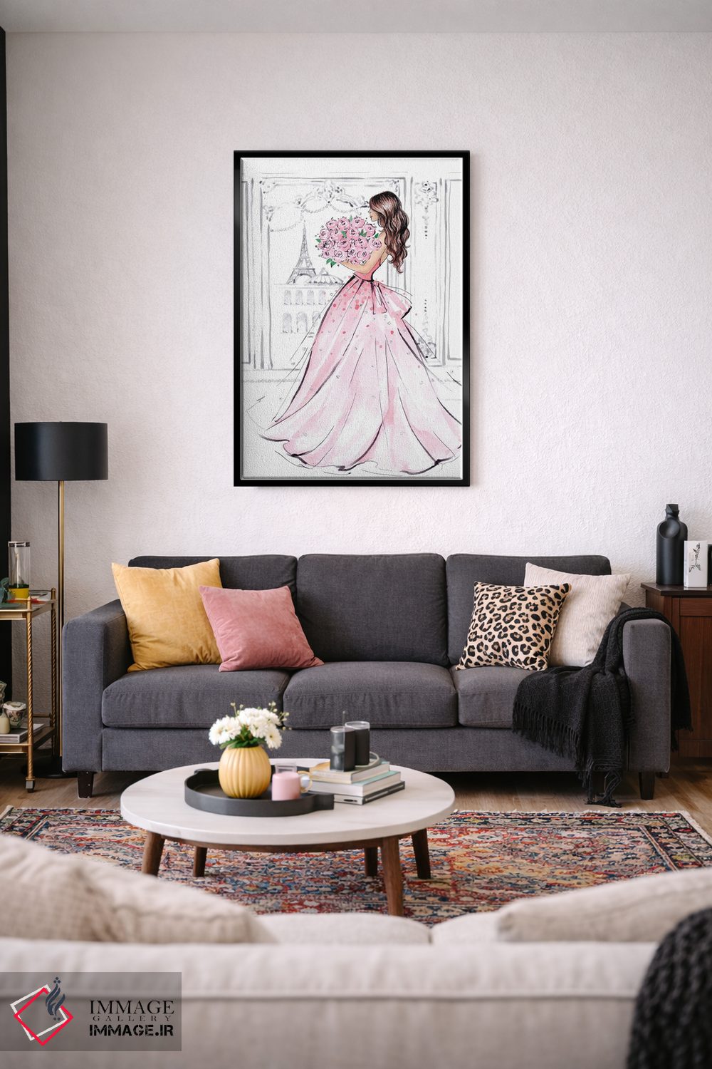 تابلو دکوراتیو دختر با دسته گل رز؛ مشکی مو اثر لالانا آرتس - D3B