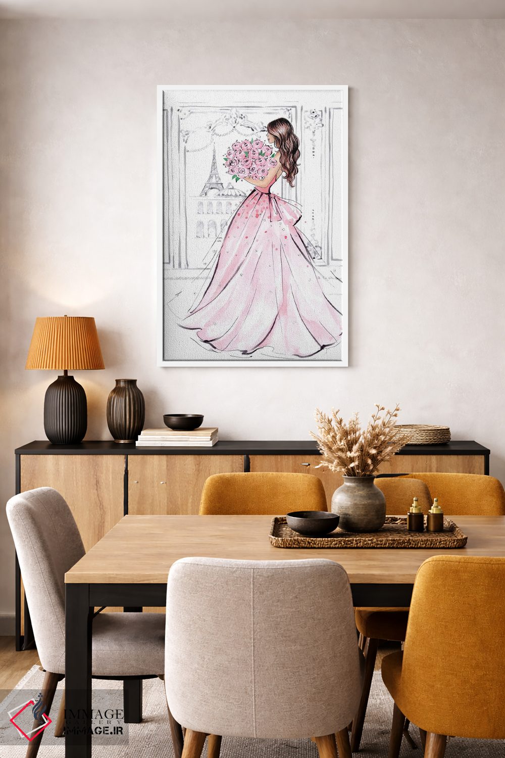 تابلو دکوراتیو دختر با دسته گل رز؛ مشکی مو اثر لالانا آرتس - D4W