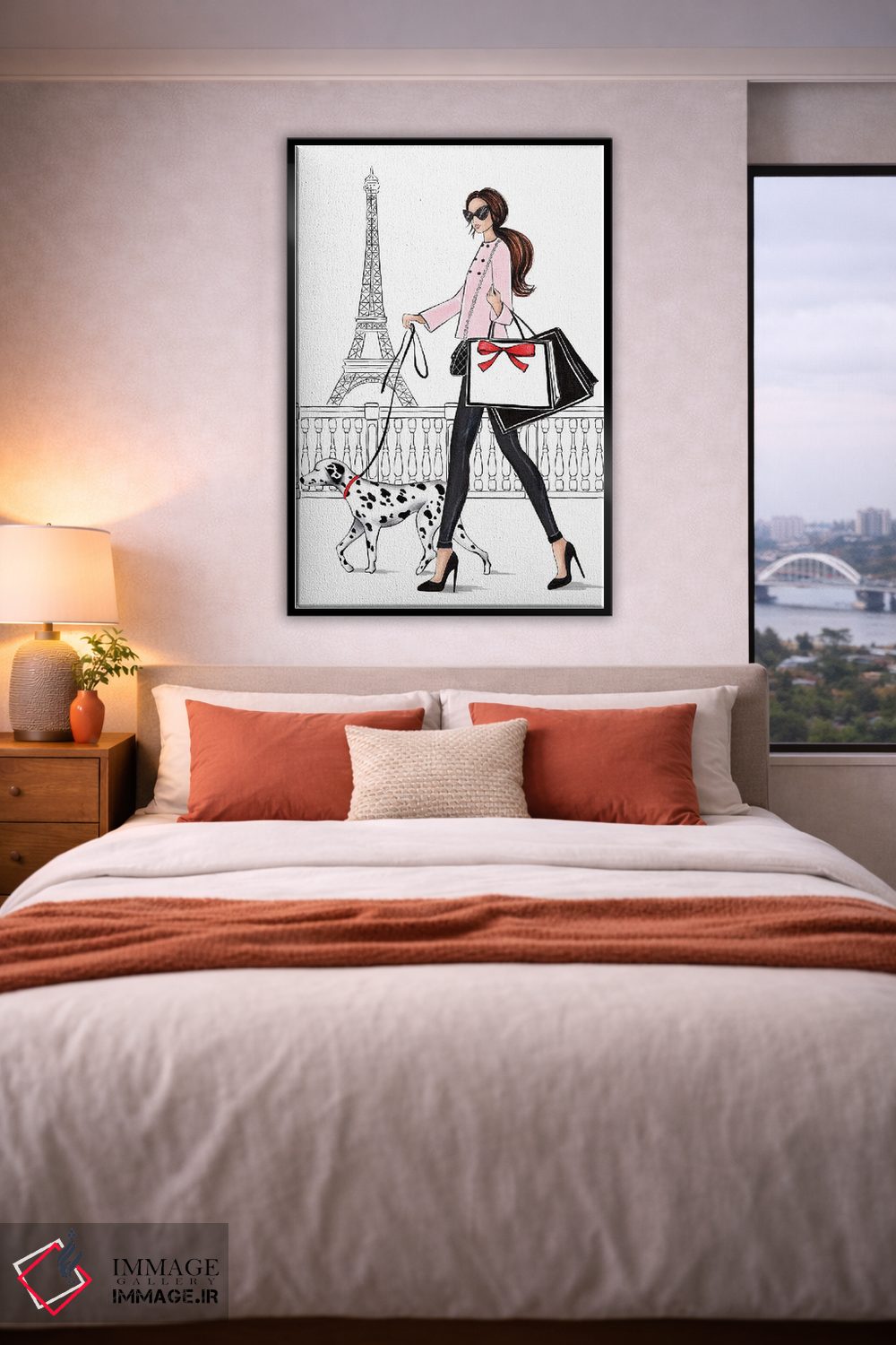 تابلو دکوراتیو دختر مو قهوه ای با سگ دالمیشن در پاریس اثر لالانا آرتس - D4B