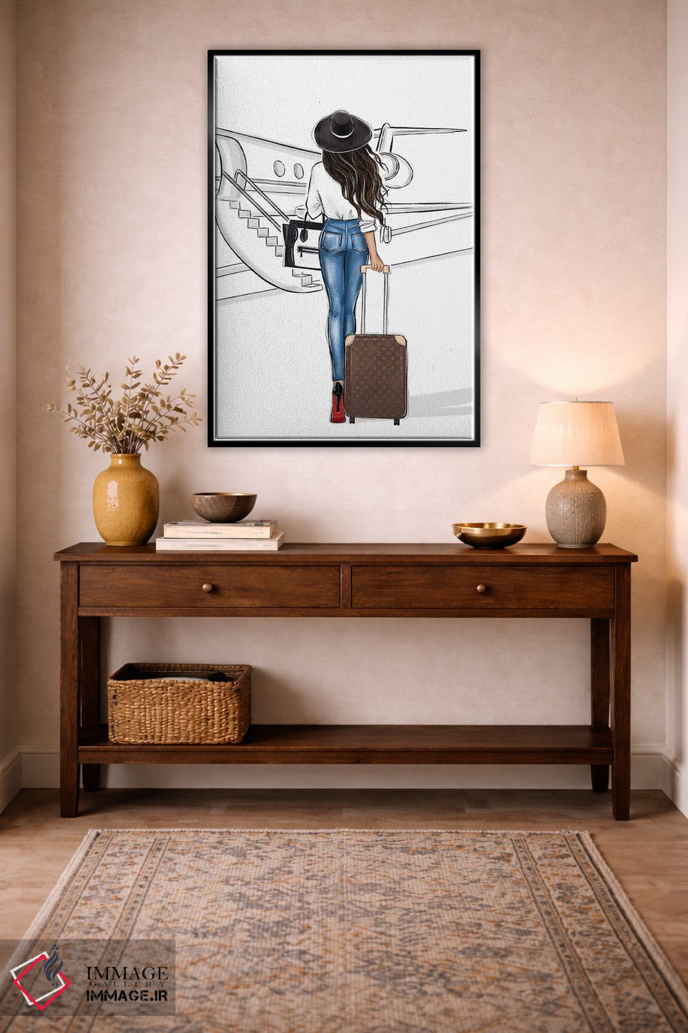 تابلو دکوراتیو سفر با هواپیما؛ دختر مشکی مو اثر لالانا آرتس - D4B
