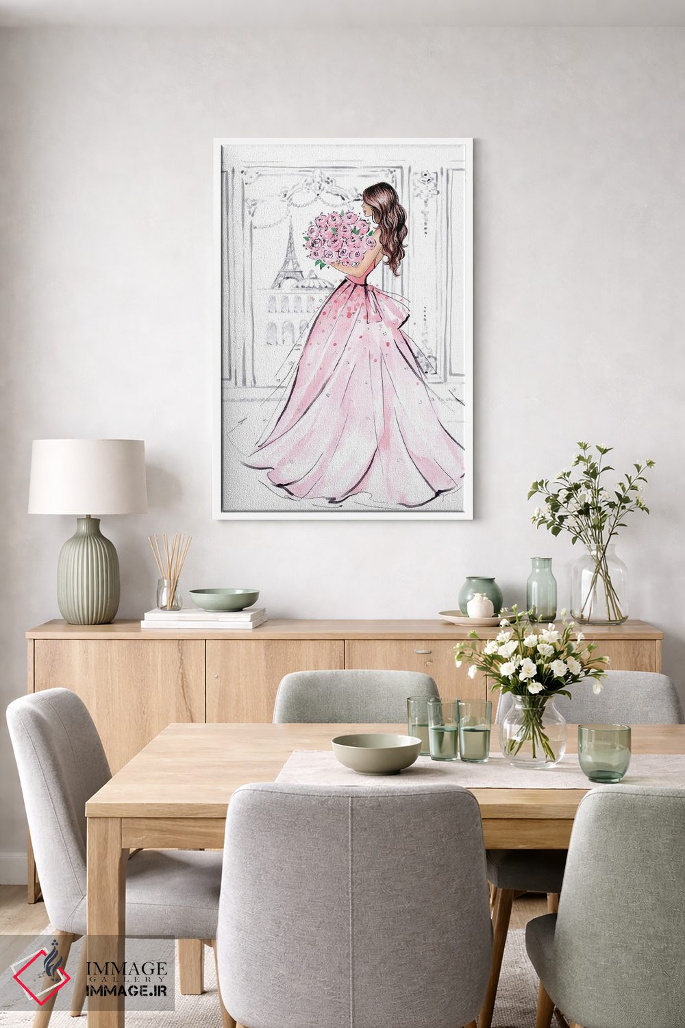 تابلو دکوراتیو دختر با دسته گل رز؛ مشکی مو اثر لالانا آرتس - D5W