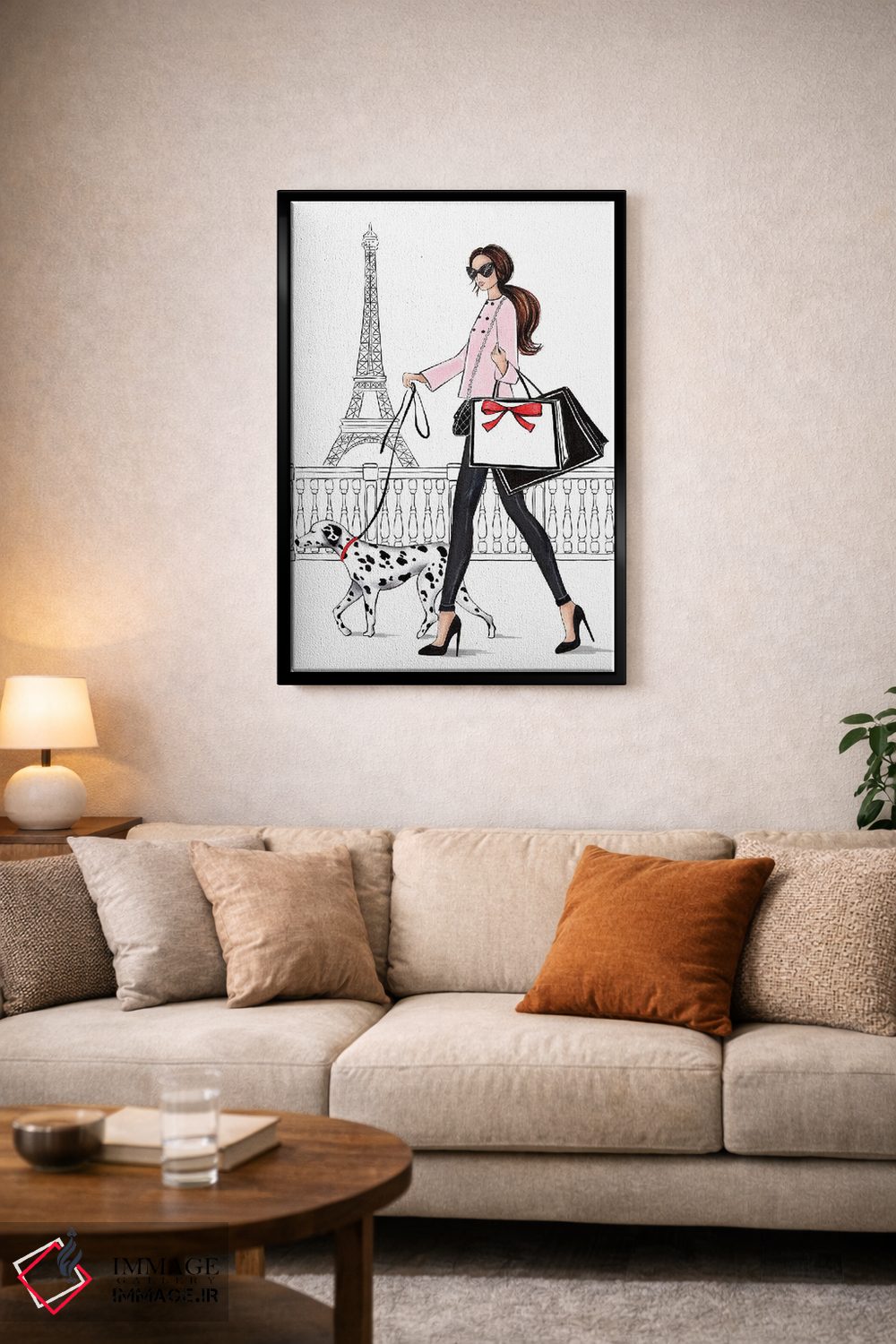 تابلو دکوراتیو دختر مو قهوه ای با سگ دالمیشن در پاریس اثر لالانا آرتس - D3B
