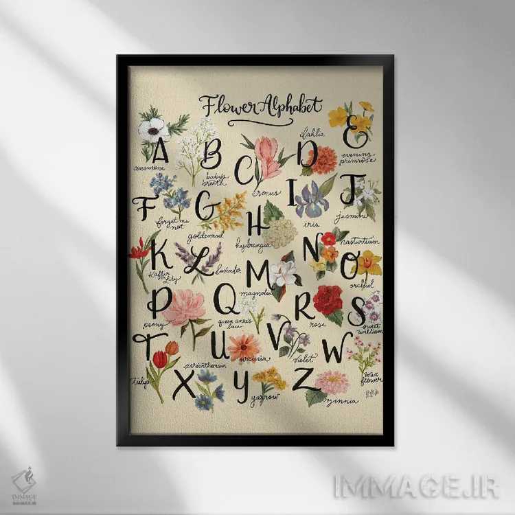 تابلو دکوراتیو الفبای گلی اثر لیلی و ول - نمای قابدار مشکی