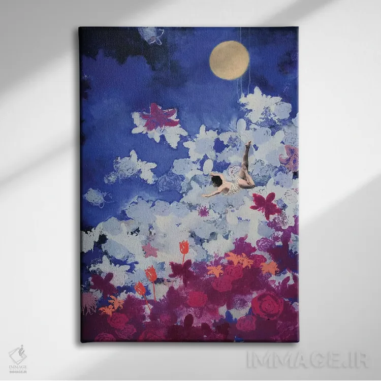 تابلو انتزاعی شناگر شبانه اثر لورا می دوریس - نمای روبهرو روی دیوار