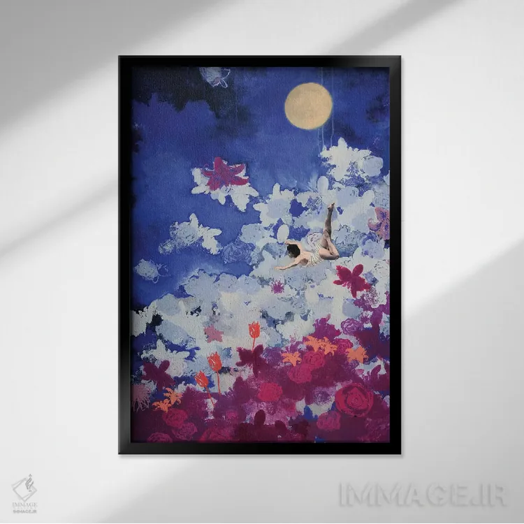 تابلو انتزاعی شناگر شبانه اثر لورا می دوریس - نمای قابدار مشکی