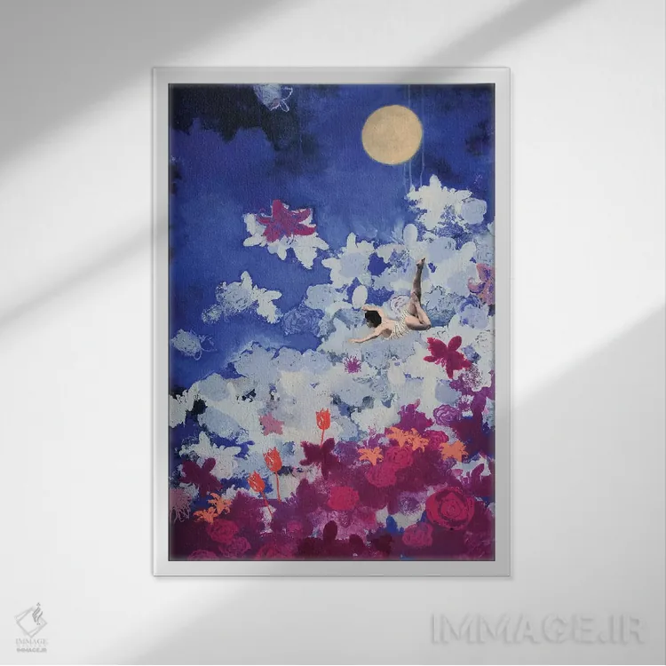 تابلو انتزاعی شناگر شبانه اثر لورا می دوریس - نمای قابدار سفید