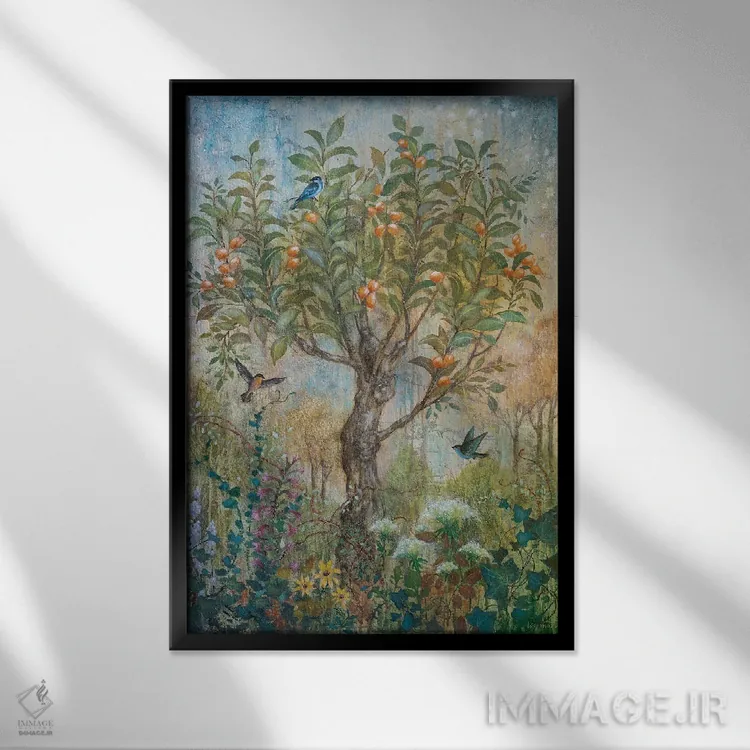 تابلو دکوراتیو افسون زردآلو اثر لیزا مری کیندلی - نمای قابدار مشکی