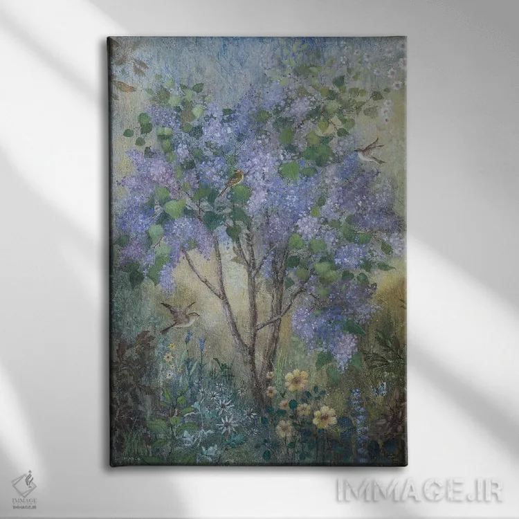 تابلو دکوراتیو یاس بنفش تازه اثر لیزا مری کیندلی - نمای روبهرو روی دیوار