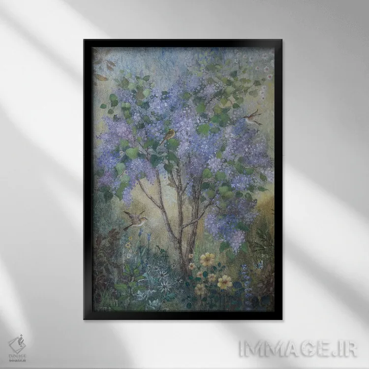 تابلو دکوراتیو یاس بنفش تازه اثر لیزا مری کیندلی - نمای قابدار مشکی