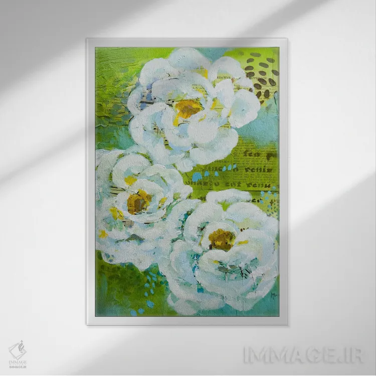 تابلو دکوراتیو گل های سبز اثر لیندا مک کلور - نمای قابدار سفید